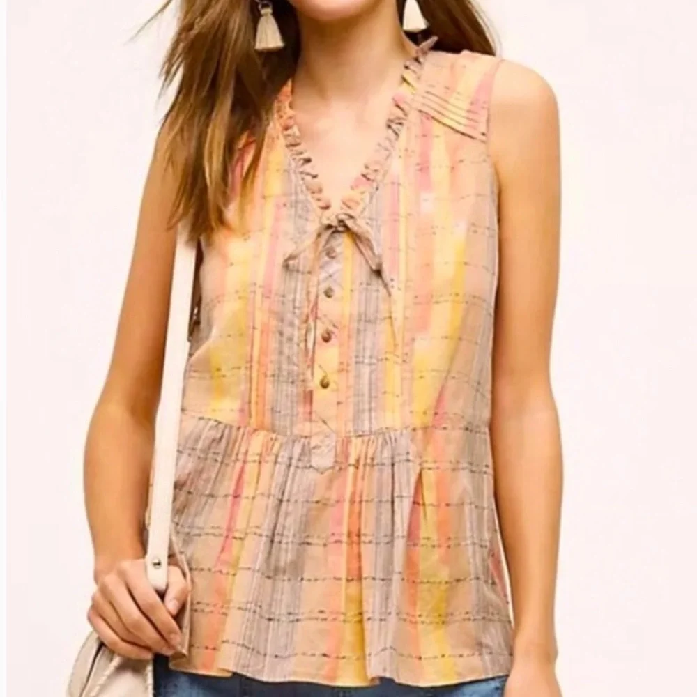 Anthropologie Holding Horses Orange Pink Plaid Faye Tank Top Size 0 - Picture 1 of 7